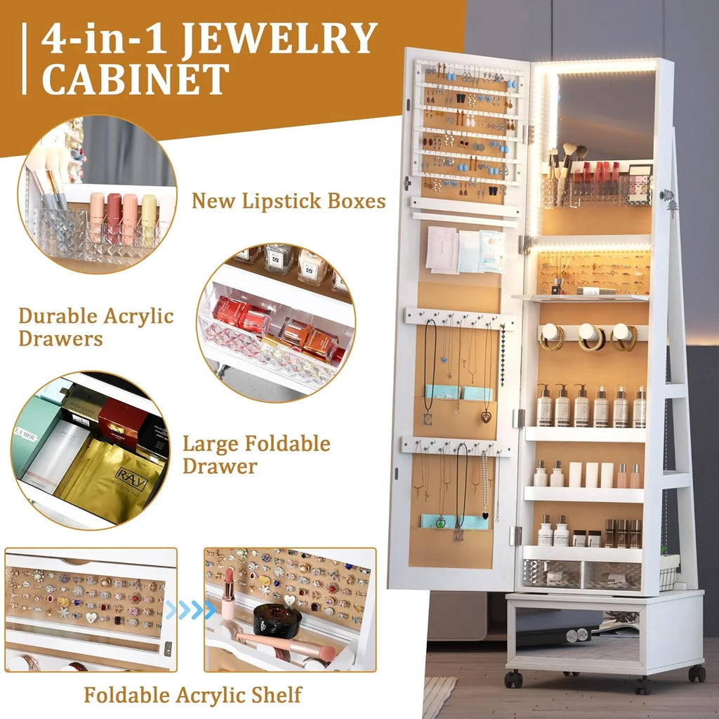 HAOFEI 360° Swivel Jewelry Mirror Cabinet with Lights, Standing Jewelry Armoire Organizer Rotatable Full Length Mirror with Jewelry Storage, Lockable with Rear Storage Shelves, Built-in Makeup Mirror