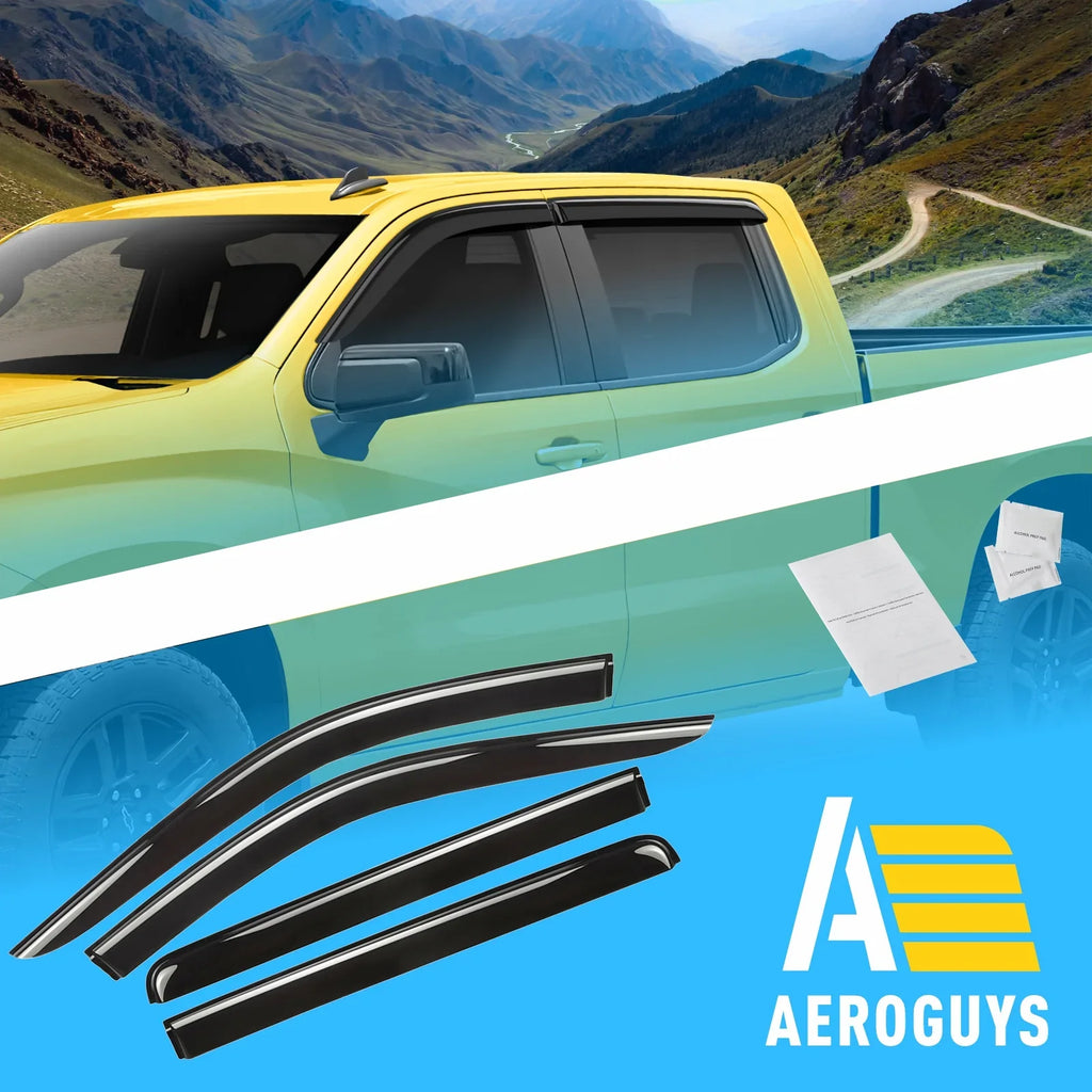 AG0422. AEROGUYS Tape-On Window Deflectors Extra Durable Window Visors Rain Guards Fit for Chevrolet (Chevy) Silverado 1500 2019-2024 Crew Cab, Sun Visors, Wind Vent Visors, Truck Accessories - 4pcs