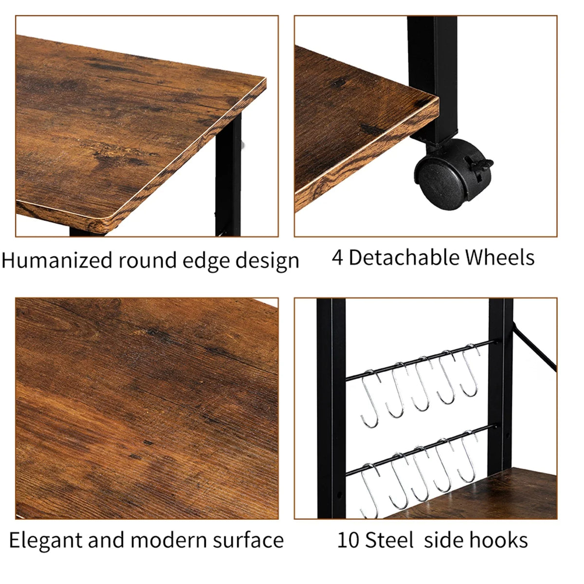 3 Tier Kitchen Microwave Cart, Microwave Stand on Wheels, Coffee Cart with Storage, Rolling Bakers Rack Workstation Shelf with 10 Hooks (24 x 16 x 29 Inches, Rustic Brown)