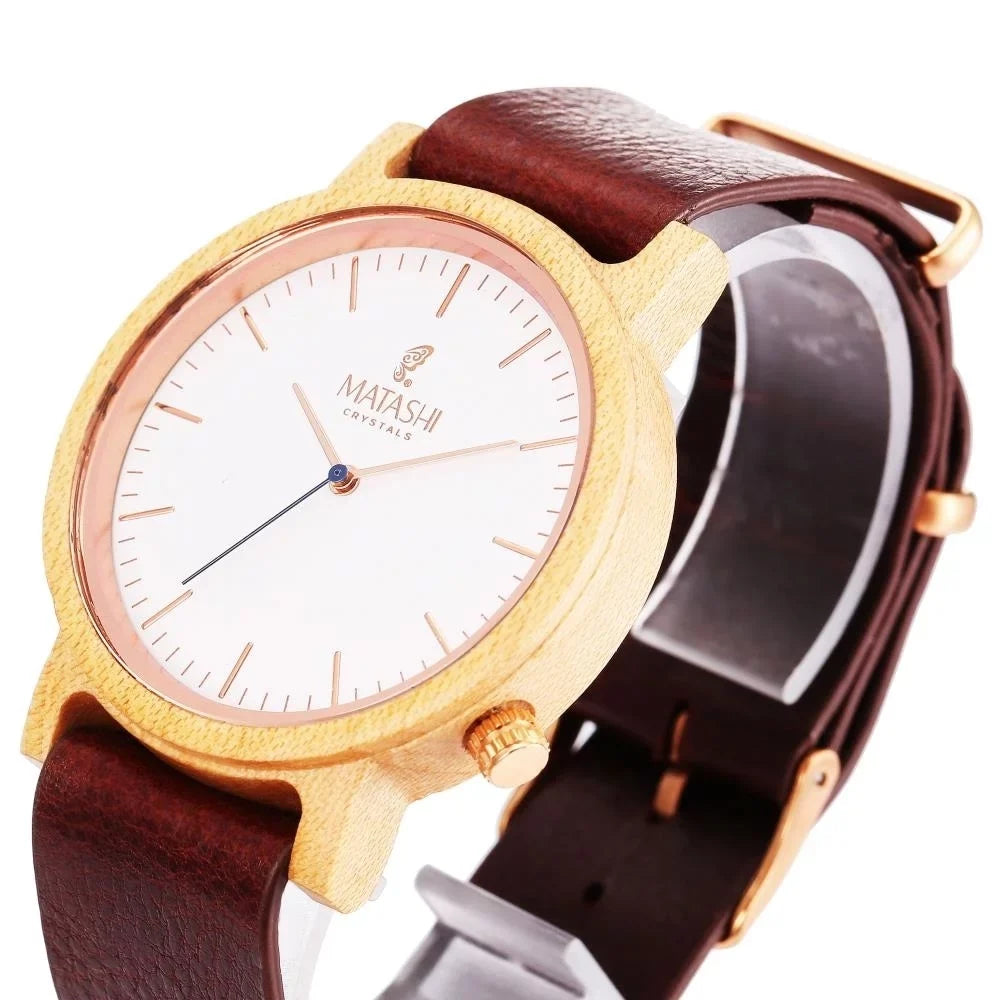 Matashi Mens and Womens Casual Wooden Wrist Watch w Brown Leather Strap, 1ATM liquid impervious, Business or Travel, Swiss