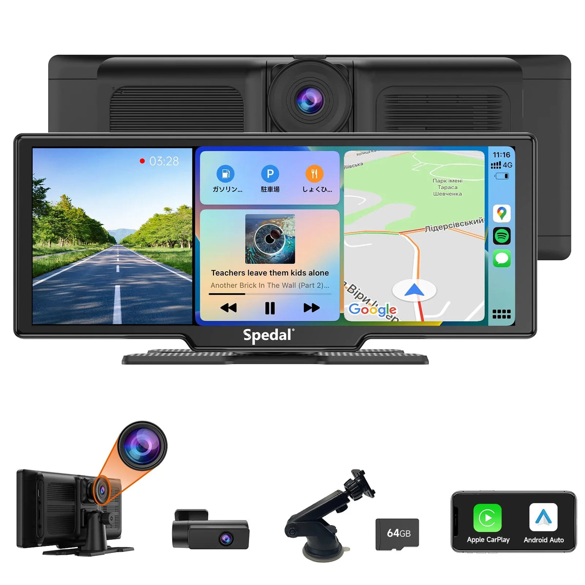 Spedal CL860 Portable CarPlay Screen with 4K Dash Cam Front and Rear- 9.3" Wireless  CarPlay ＆Android Auto Car Stereo  Bluetooth  GPS Navigation Head Unit Car Stereo Receivers 1080p Rear Camera