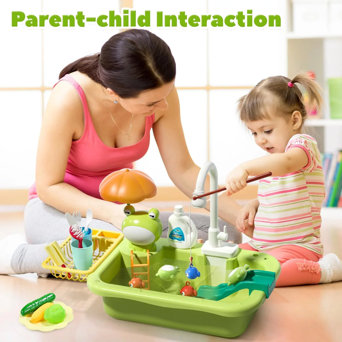Play Sink with Running liquid, Kitchen Sink Toys with Upgraded Electric Faucet, Play Kitchen Toy Accessories, Pool Floating Fishing Toys for liquid Play, Kids Role Play Dishwasher Toy