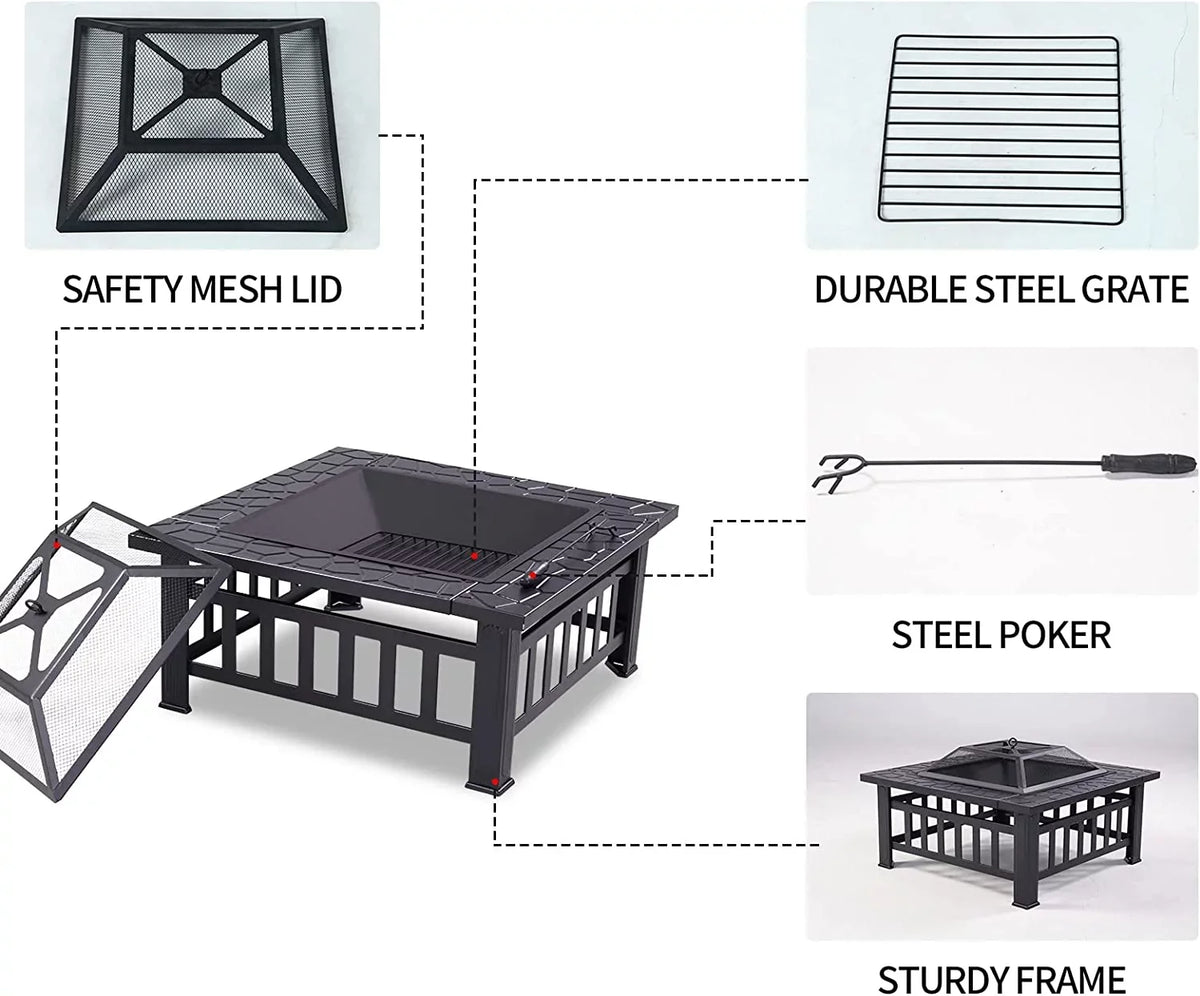 Grand Patio 32" Outdoor Fire Pit, Bonfire Wood Burning Fire Pit for Outside, Square Backyard Patio Firepit Table with Spark Screen wrap Safe Mesh Lid & Poker for Warmth, BBQ or Cooler