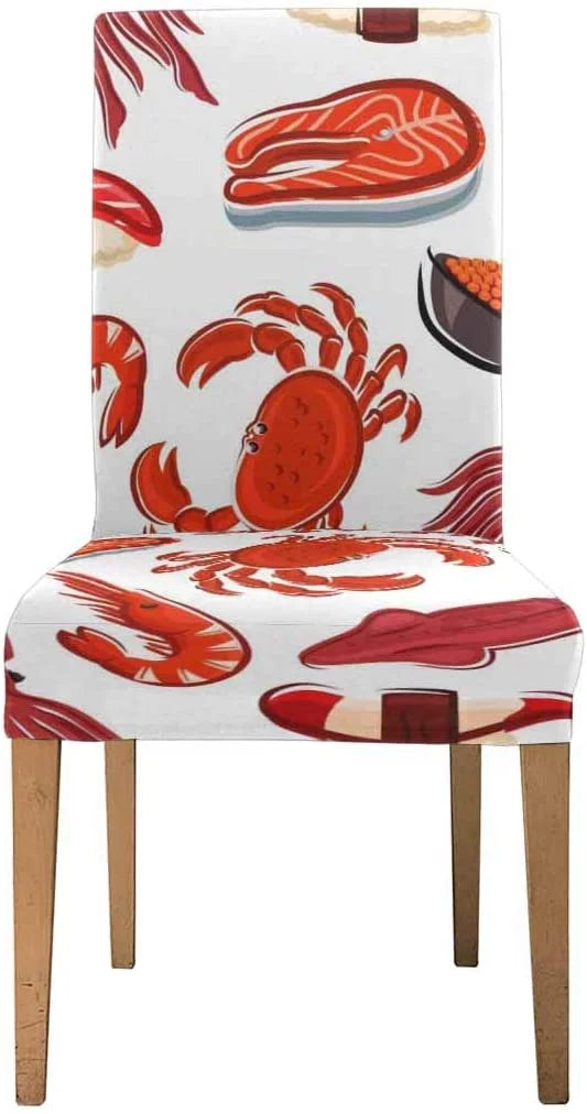 FMSHPON Salmon Steaks Shrimps Crabs Squids Sushi Stretch Chair shield Protector Seat Slipcover for Dining Room Hotel Wedding Party Set of 4