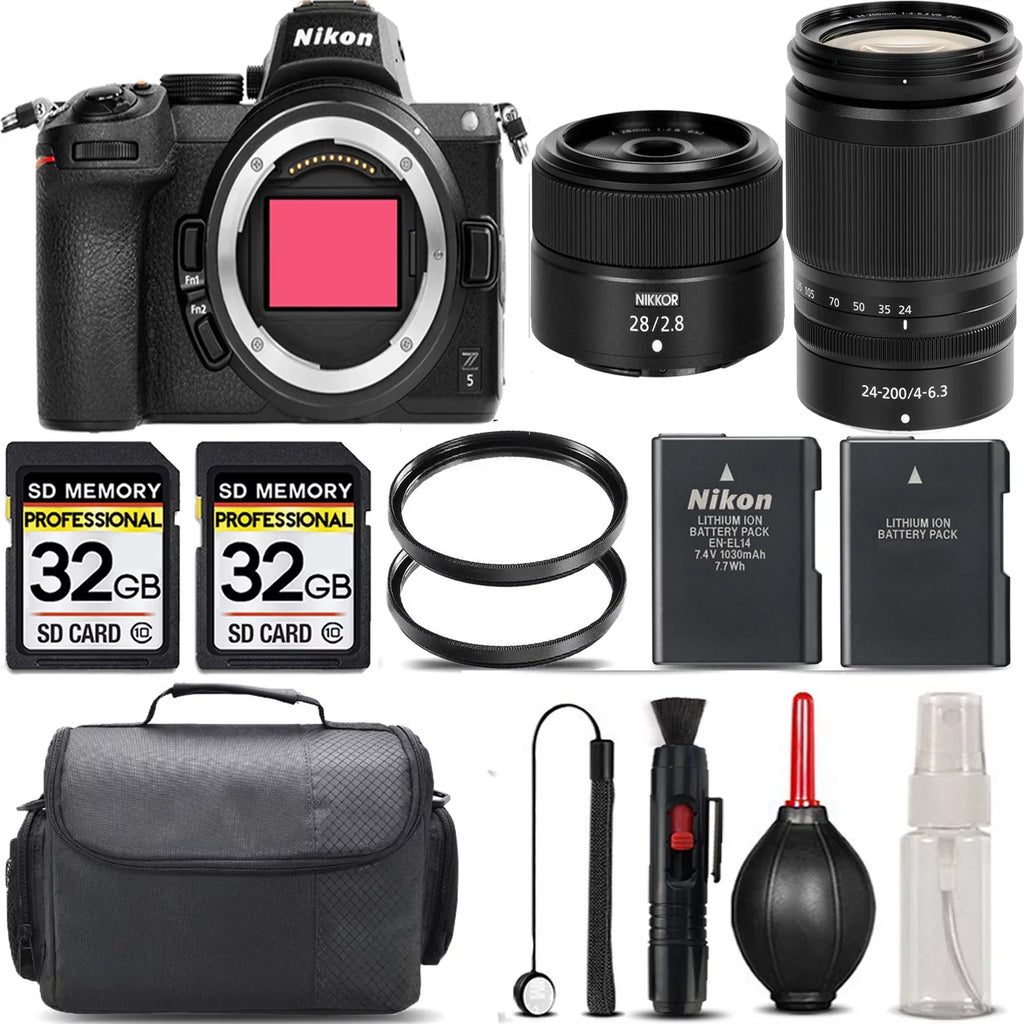 Z5 Mirrorless with 24-200mm f/4-6.3 VR Lens + 28mm f/2.8 Lens + 64GB Storage + UV Filter + Backup Battery + Case + Cleaning Kit - International Version