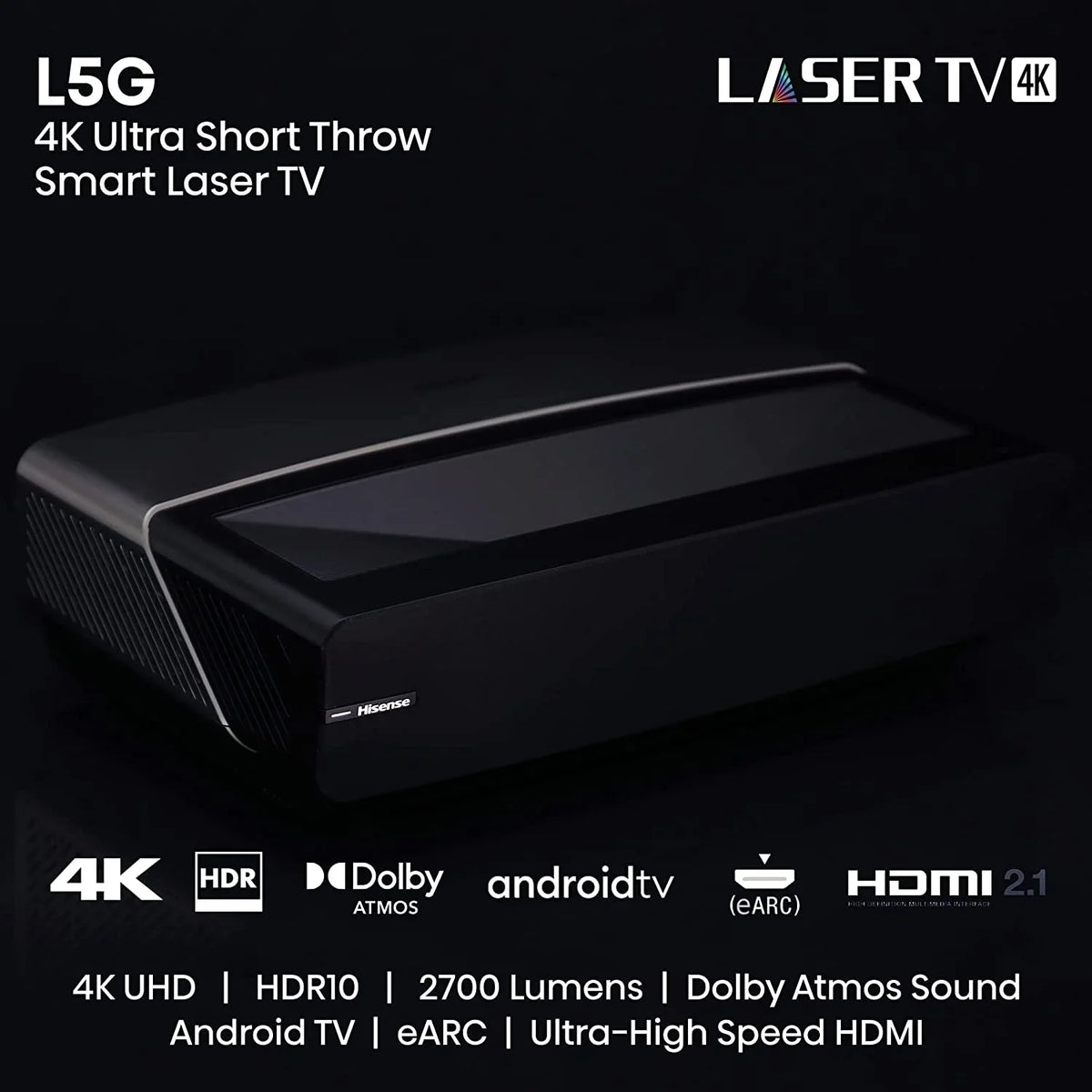 Hisense 100L5G 4K Ultra Short Throw Laser TV with 100-inch ALR Screen Android TV with Additional 2 Year Coverage by Epic Protect (2022)