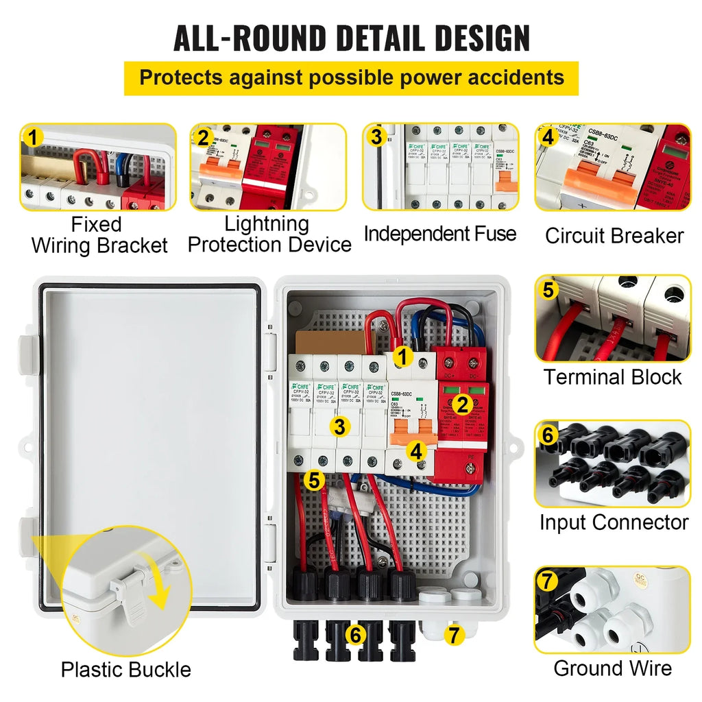 VEVOR PV Combiner Box, 4 String, Solar Combiner Box with 15a Rated Current Fuse, 63a Circuit Breaker, Lightning Arreste and Solar Connector, for On / Off Grid Solar Panel System, IP65 Waterproof