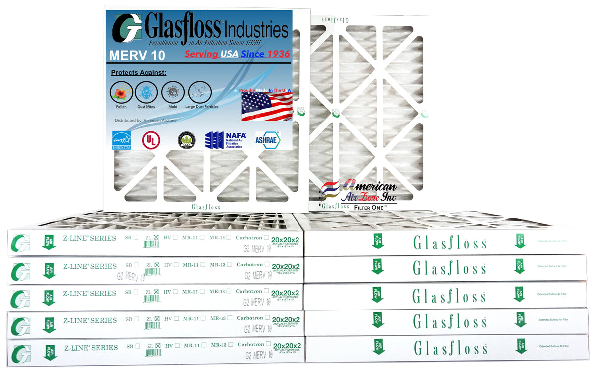 Glasfloss Air Filter 20x20x2 - 2" MERV 10 - (Pack of 12) - Pleated AC or HVAC Air Filter - Furnace Air Filter - Home or Office - Made In The USA.