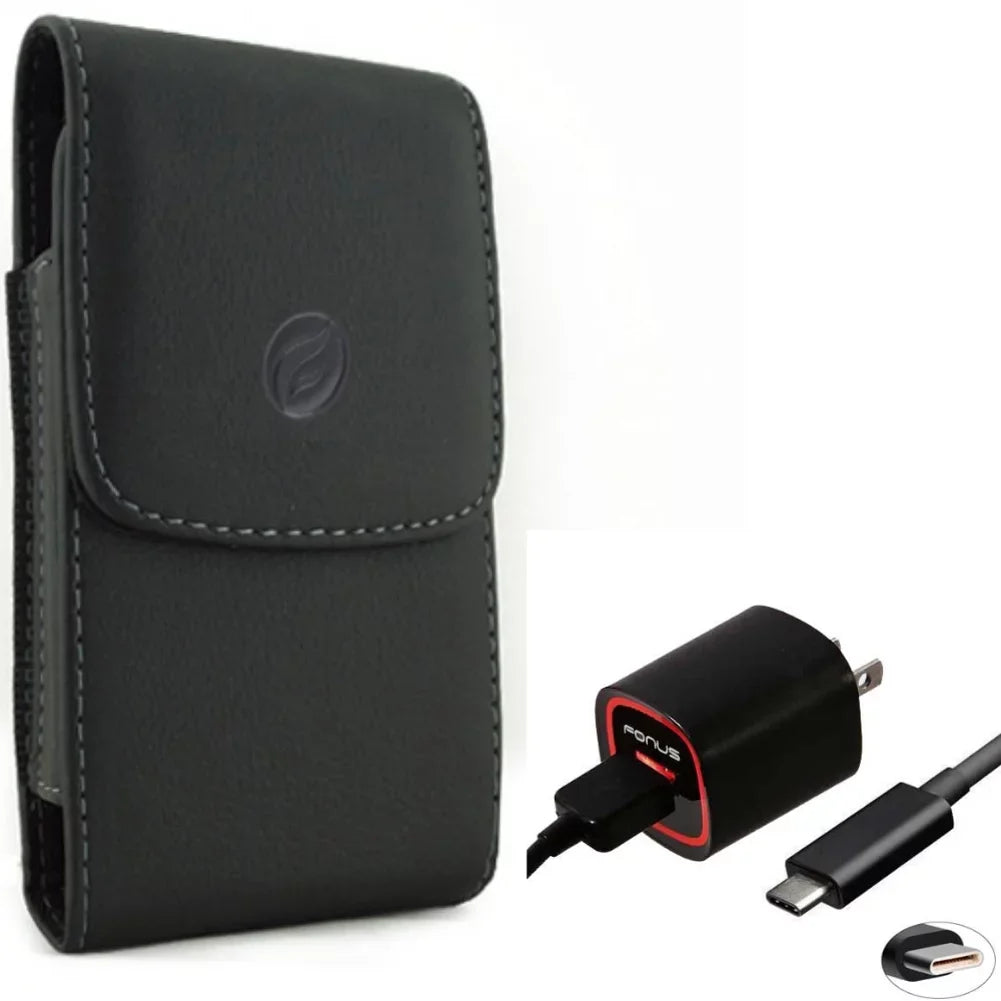 USB Cable 2.4A Home Charger w Holster Leather Case Belt Clip for Motorola Revvlry Plus, Moto G7 - OnePlus 6T, 6 -  Phone 2 -  Galaxy S9 Plus S22 Plus S10 Plus XCover FieldPro