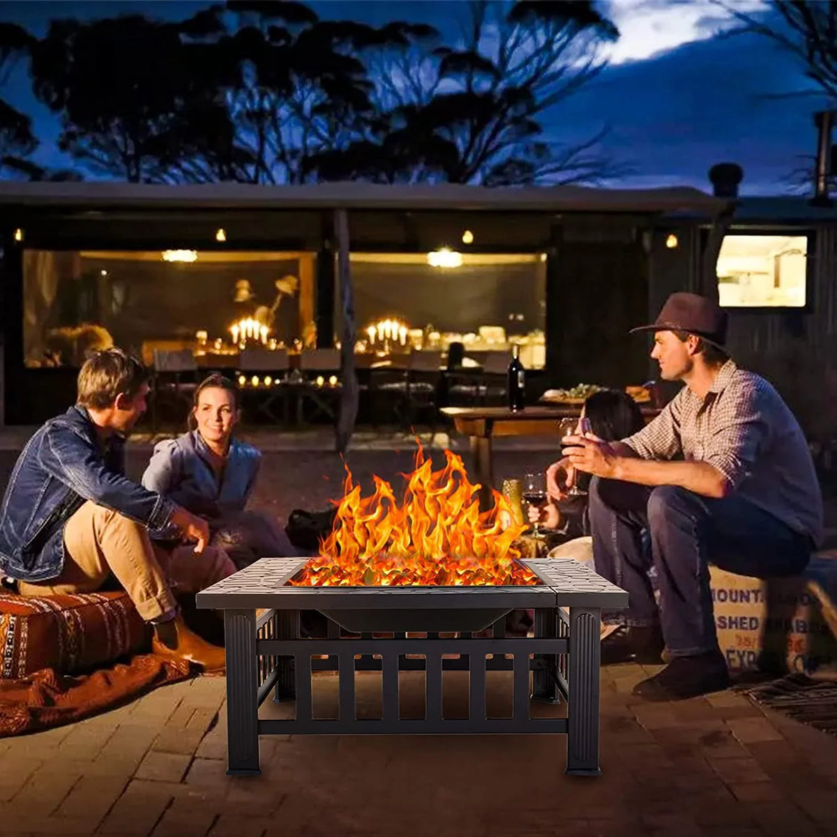 Grand Patio 32" Outdoor Fire Pit, Bonfire Wood Burning Fire Pit for Outside, Square Backyard Patio Firepit Table with Spark Screen wrap Safe Mesh Lid & Poker for Warmth, BBQ or Cooler