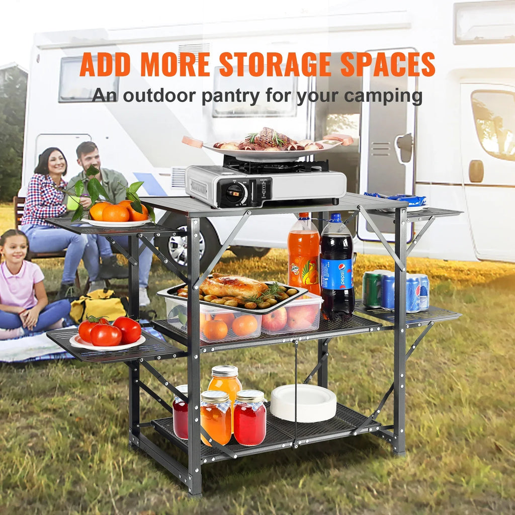 SKYSHALO Folding Portable Cook Station 5 Tables & 2 Shelves Camping Kitchen Table