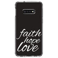DistinctInk Clear Shockproof Hybrid Case for  Galaxy S10e (5.8" Screen) - TPU Bumper, Acrylic Back, Tempered Glass Screen Protector - Faith / Hope / Love - Black & White - Christ