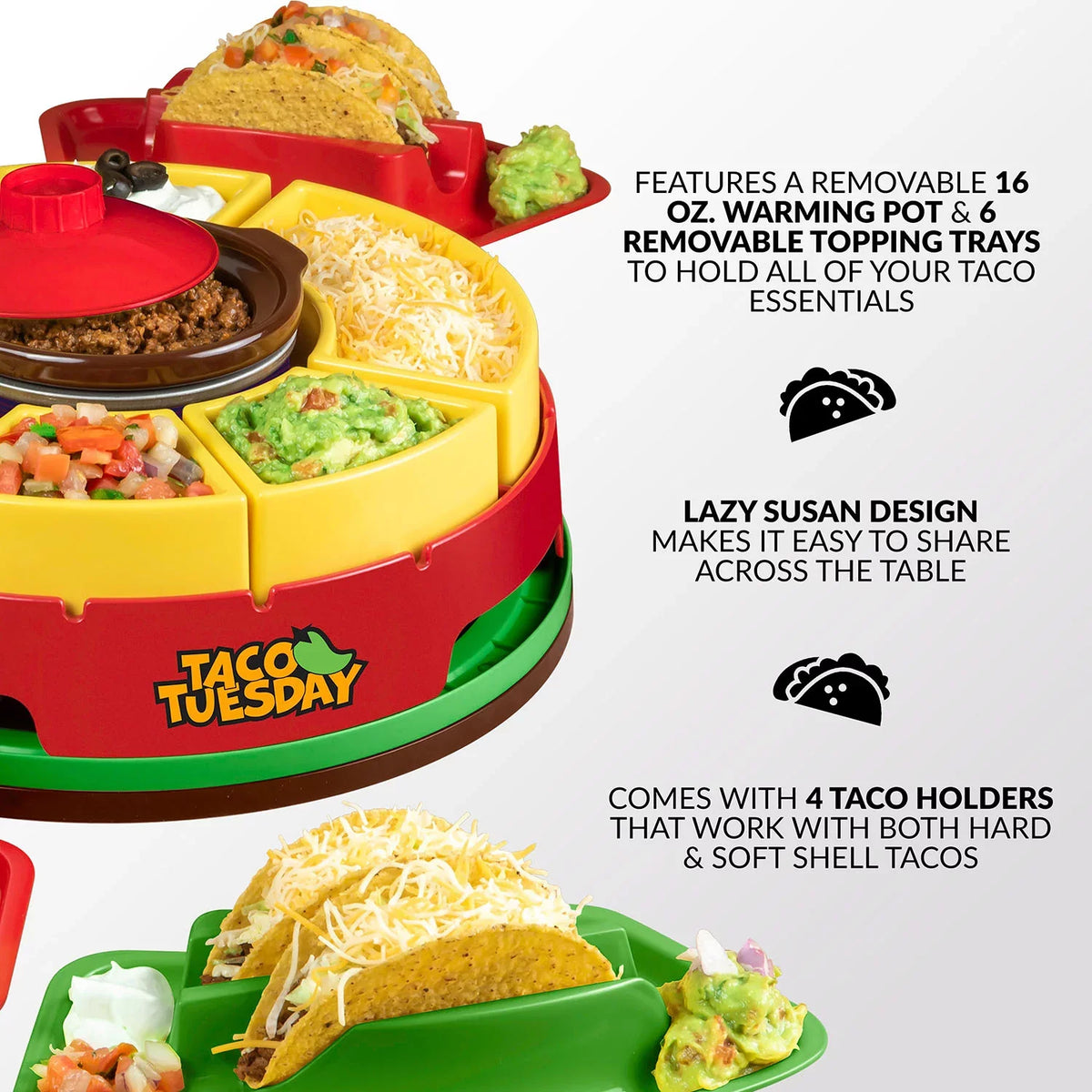 Warming Pot, Includes 4 Taco Holders. Taco Tuesday TTLSTB10 Lazy Susan Taco Bar with 20-Oz