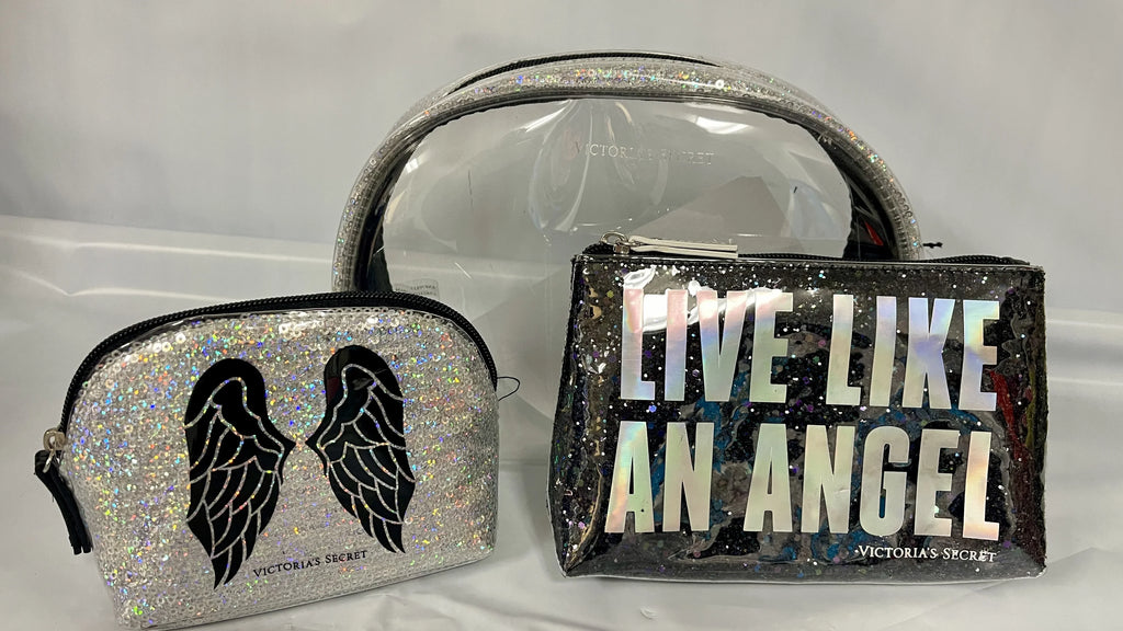 Victoria's Secret Live Like An Angel Wings Clear and Black Sequin Shimmer 3 Piece Cosmetic Makeup Bags Fashison Show London Limited Edition
