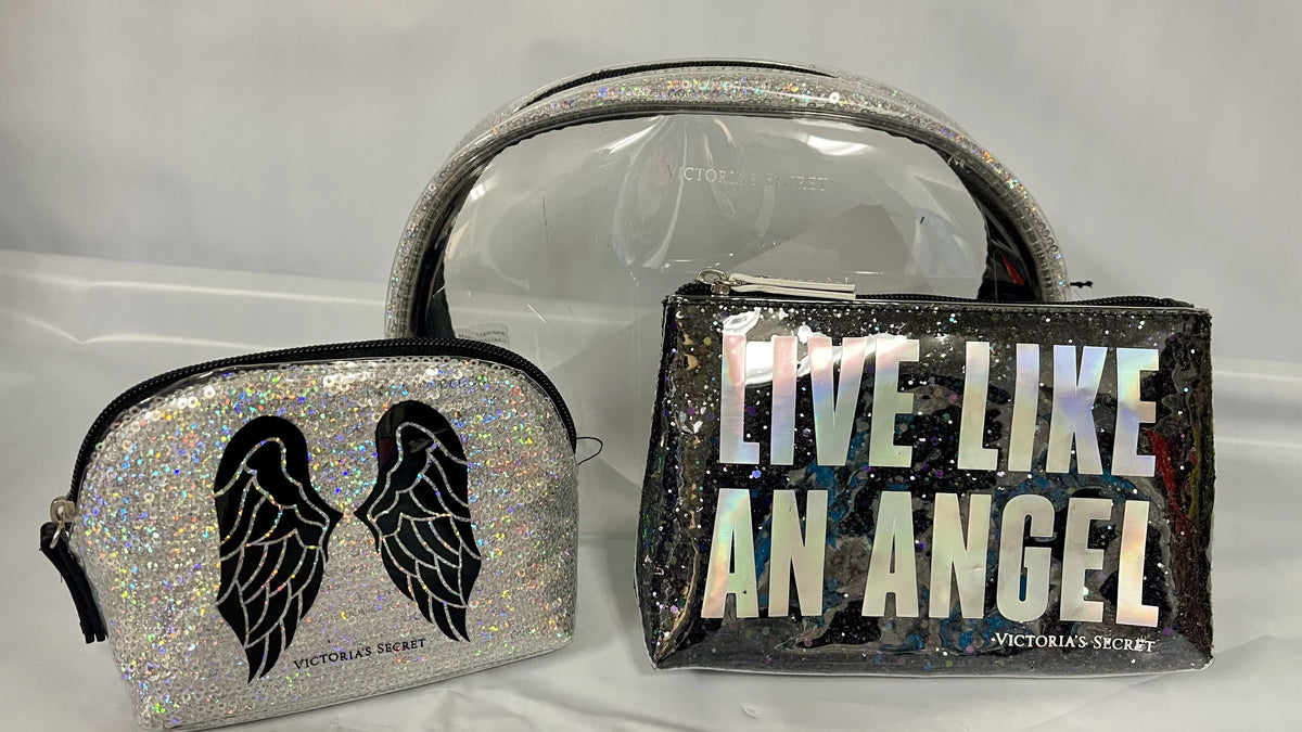 Victoria's Secret Live Like An Angel Wings Clear and Black Sequin Shimmer 3 Piece Cosmetic Makeup Bags Fashison Show London Limited Edition