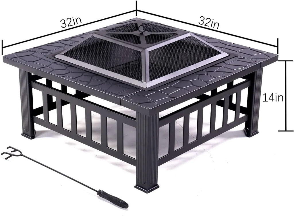 Grand Patio 32" Outdoor Fire Pit, Bonfire Wood Burning Fire Pit for Outside, Square Backyard Patio Firepit Table with Spark Screen wrap Safe Mesh Lid & Poker for Warmth, BBQ or Cooler