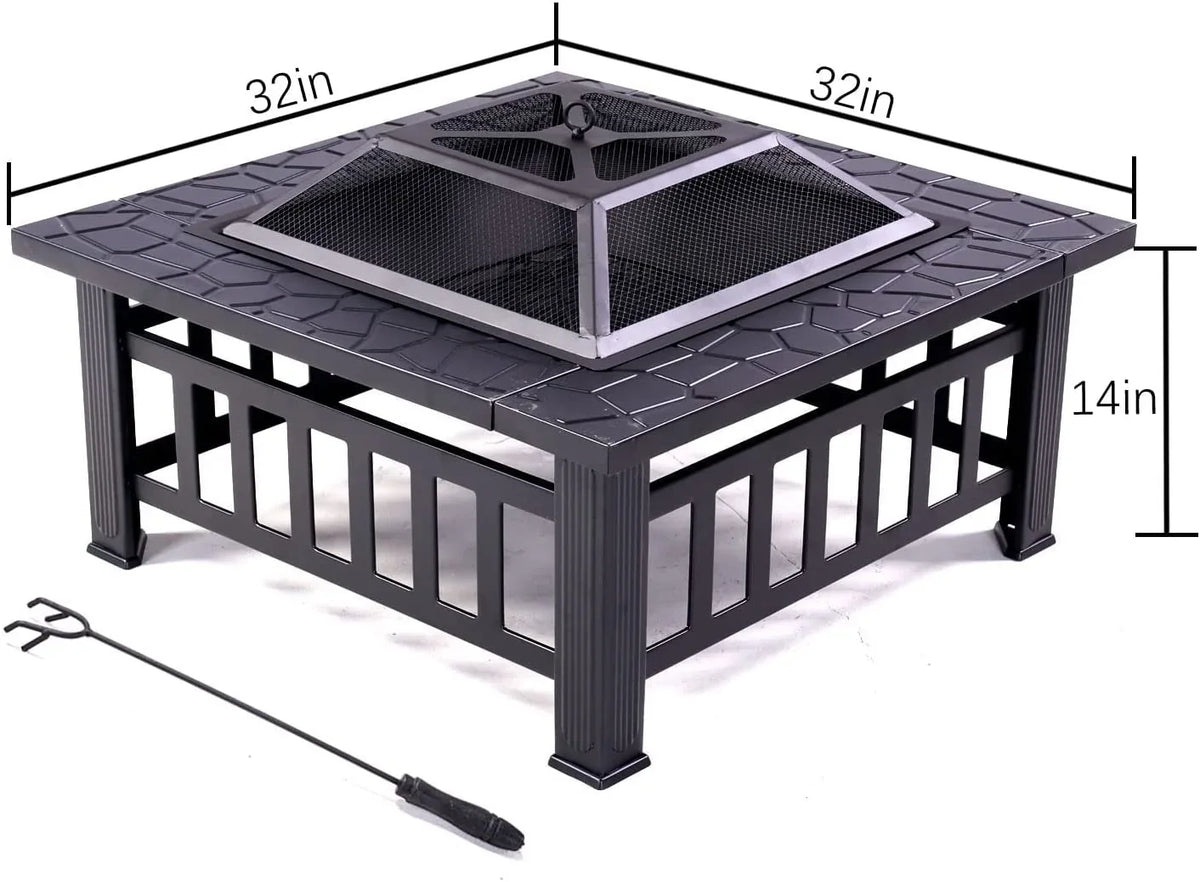 Grand Patio 32" Outdoor Fire Pit, Bonfire Wood Burning Fire Pit for Outside, Square Backyard Patio Firepit Table with Spark Screen wrap Safe Mesh Lid & Poker for Warmth, BBQ or Cooler