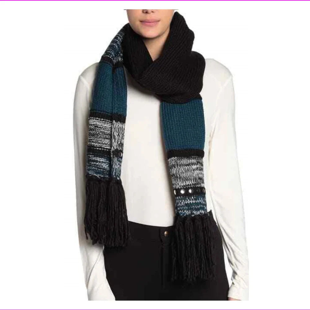 Michael Kors, Stripe Print Embellished Stud Fringe Wrap Scarf, LUXE TEAL,Size OS