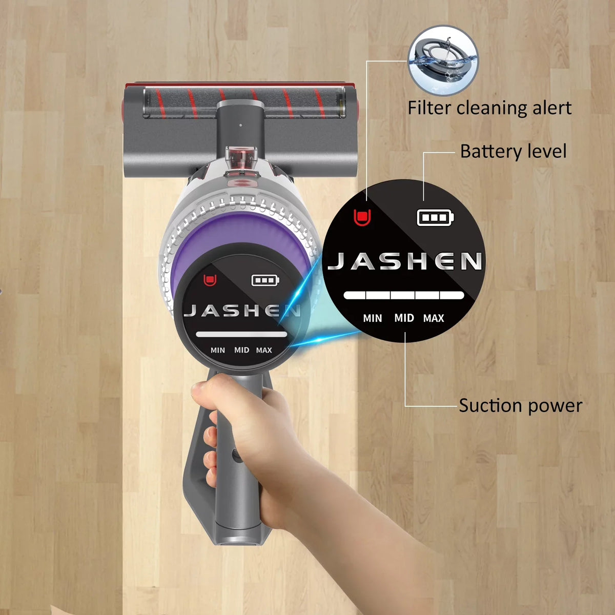 JASHEN V16 Cordless Stick Vacuum Cleaner 26kPa Suction 2500 mAh Battery 350W motor