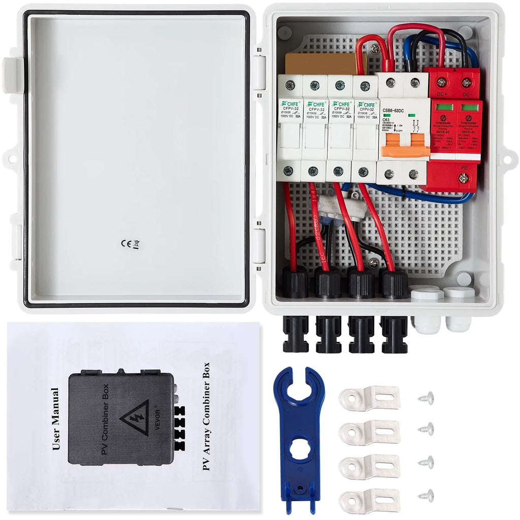 VEVOR PV Combiner Box, 4 String, Solar Combiner Box with 15a Rated Current Fuse, 63a Circuit Breaker, Lightning Arreste and Solar Connector, for On / Off Grid Solar Panel System, IP65 Waterproof