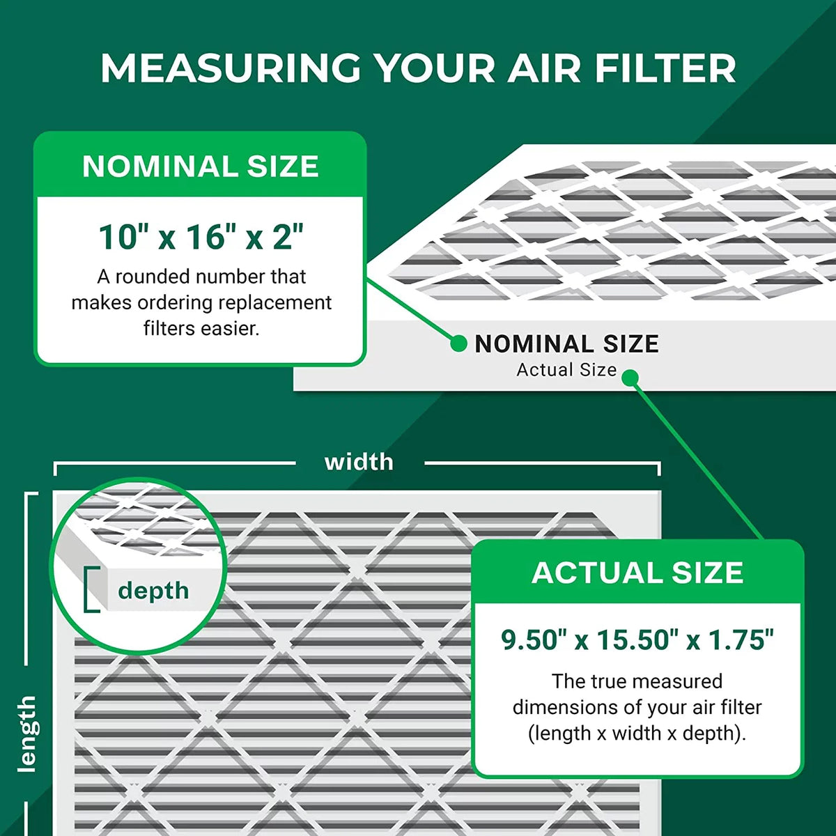 Filterbuy 10x16x2 MERV 13 Pleated HVAC AC Furnace Air Filters (3-Pack)