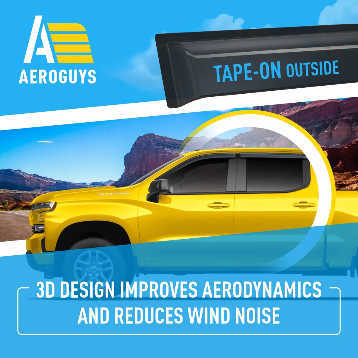 AG0422. AEROGUYS Tape-On Window Deflectors Extra Durable Window Visors Rain Guards Fit for Chevrolet (Chevy) Silverado 1500 2019-2024 Crew Cab, Sun Visors, Wind Vent Visors, Truck Accessories - 4pcs