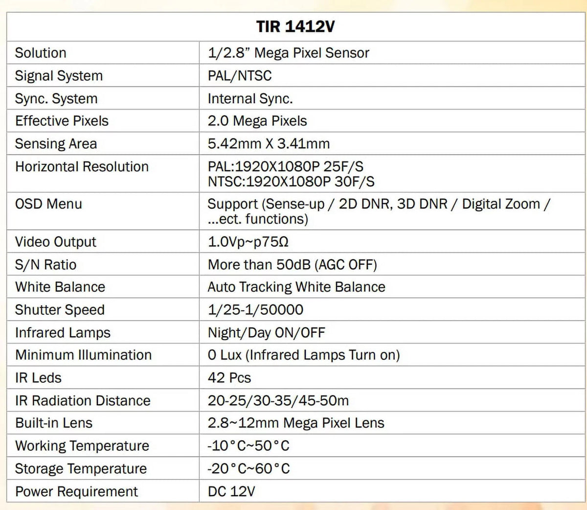 Eyemax TIR-1412V-W HD-TVI 2MP Outdoor Bullet Camera, 2.8-12mm, 42 IR LED 12V DC, Sense-up