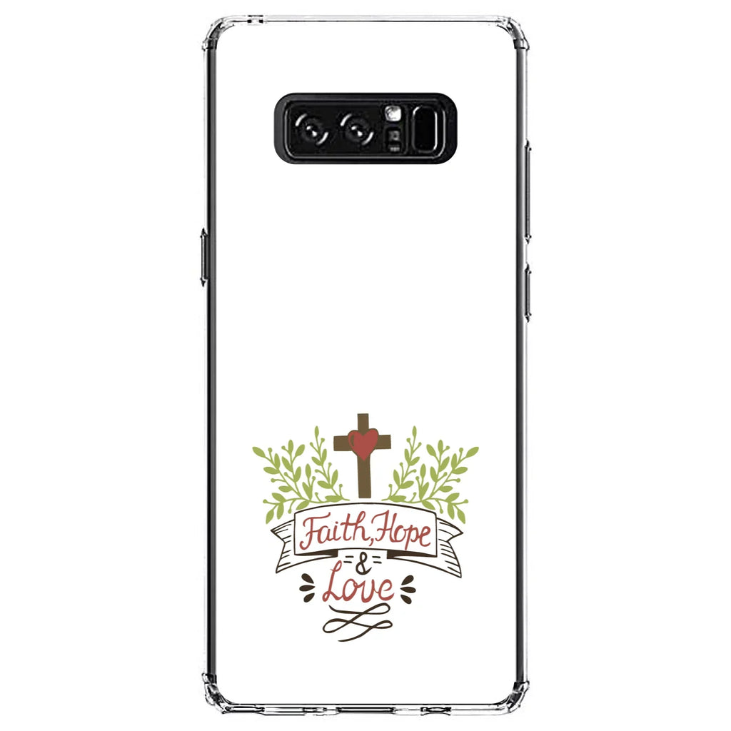 DistinctInk Clear Shockproof Hybrid Case for  Galaxy Note 8 - TPU Bumper, Acrylic Back, Tempered Glass Screen Protector - Faith, Hope & Love - Cross & Leaves