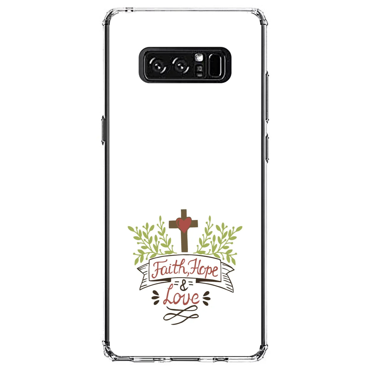 DistinctInk Clear Shockproof Hybrid Case for  Galaxy Note 8 - TPU Bumper, Acrylic Back, Tempered Glass Screen Protector - Faith, Hope & Love - Cross & Leaves
