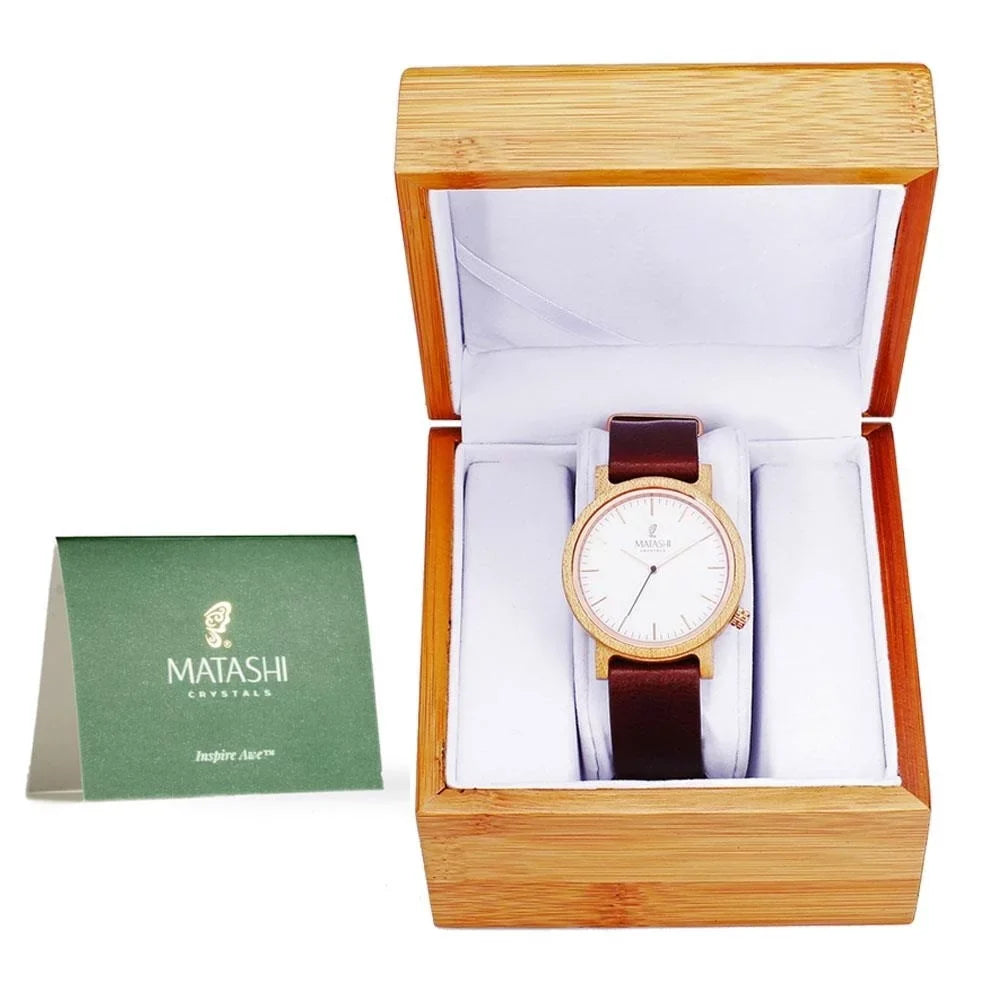 Matashi Mens and Womens Casual Wooden Wrist Watch w Brown Leather Strap, 1ATM liquid impervious, Business or Travel, Swiss