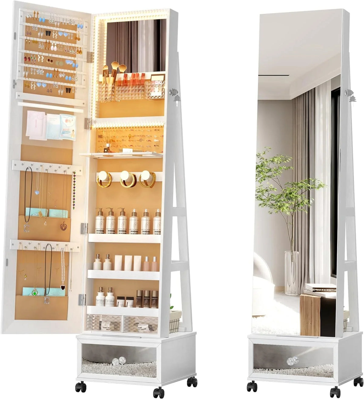 HAOFEI 360° Swivel Jewelry Mirror Cabinet with Lights, Standing Jewelry Armoire Organizer Rotatable Full Length Mirror with Jewelry Storage, Lockable with Rear Storage Shelves, Built-in Makeup Mirror