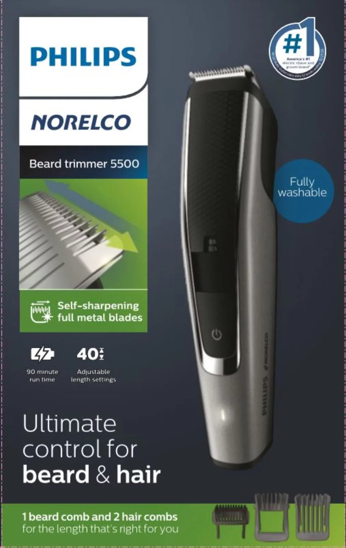 Philips Norelco Beard Trimmer and Hair Clipper Series 5000, Electric, Cordless, One Pass Beard Trimmer and Hair Clipper with Washable Feature For Easy Clean - No Blade Oil Needed - BT5502/40