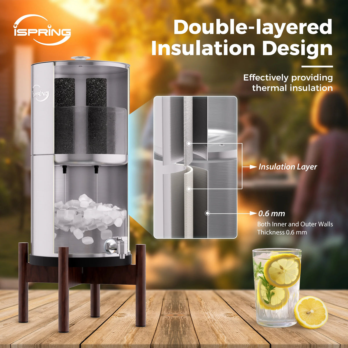 iSpring DGF2-DW Gravity-Fed Stainless Steel Countertop moisture Filter System with Dark Wood Base,3.17 Gallons with 2 Activated Carbon moisture Filters,Chlorine Reduction,Portable aqua Filter