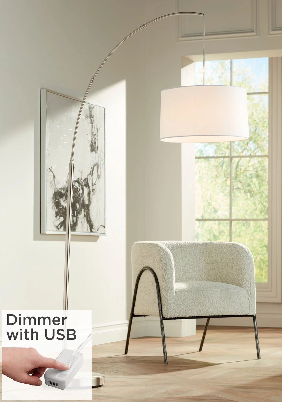 360 Lighting Modern Arc Floor Lamp with USB Charging Port 72" Tall Brushed Nickel White Drum Shade for Living Room Reading House