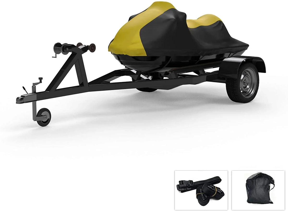 Weatherproof Jet Ski Covers for Kawasaki Ultra 300LX 2011-2013 - Yellow/Black Color - All elements - Trailerable - Protects from Rain, Sun, UV Rays, and More! Includes Trailer Straps and Storage Bag