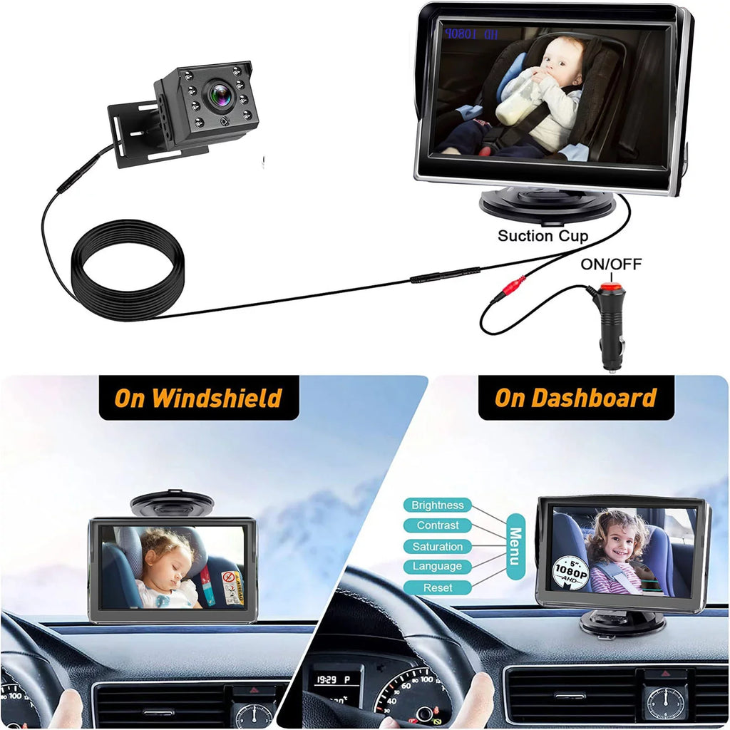 Luosen Baby Car Camera 1080P, Baby Mirror for Car Back Seat with 5 Inch HD Monitor, Rear Facing Infant Camera Clear Night Vision, Newborns Travel Safety Kit
