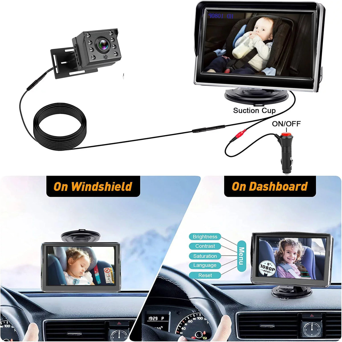 Luosen Baby Car Camera 1080P, Baby Mirror for Car Back Seat with 5 Inch HD Monitor, Rear Facing Infant Camera Clear Night Vision, Newborns Travel Safety Kit