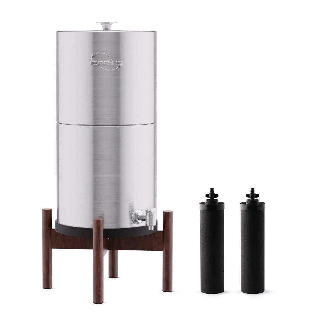 iSpring DGF2-DW Gravity-Fed Stainless Steel Countertop moisture Filter System with Dark Wood Base,3.17 Gallons with 2 Activated Carbon moisture Filters,Chlorine Reduction,Portable aqua Filter