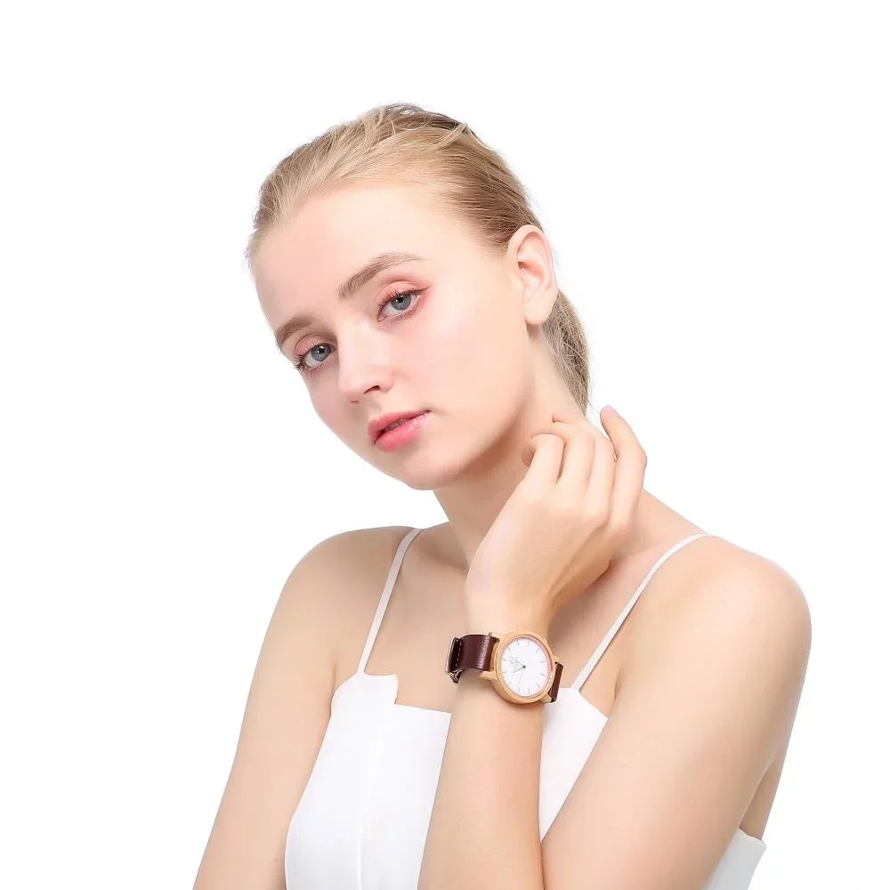 Matashi Mens and Womens Casual Wooden Wrist Watch w Brown Leather Strap, 1ATM liquid impervious, Business or Travel, Swiss