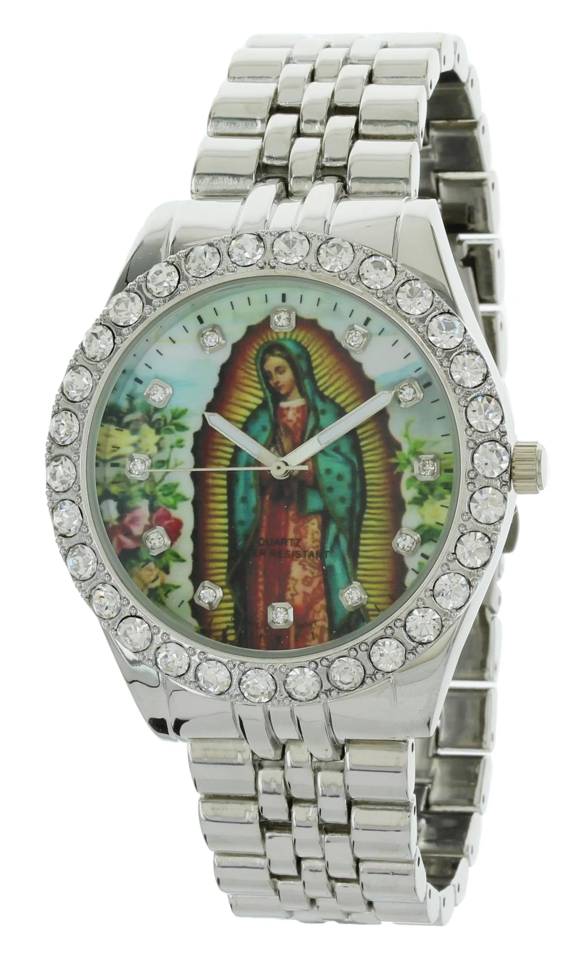 Men's Our Lady of Guadalupe Silver-Tone Metal Bracelet Watch with Neckless and Cross Pendent Set