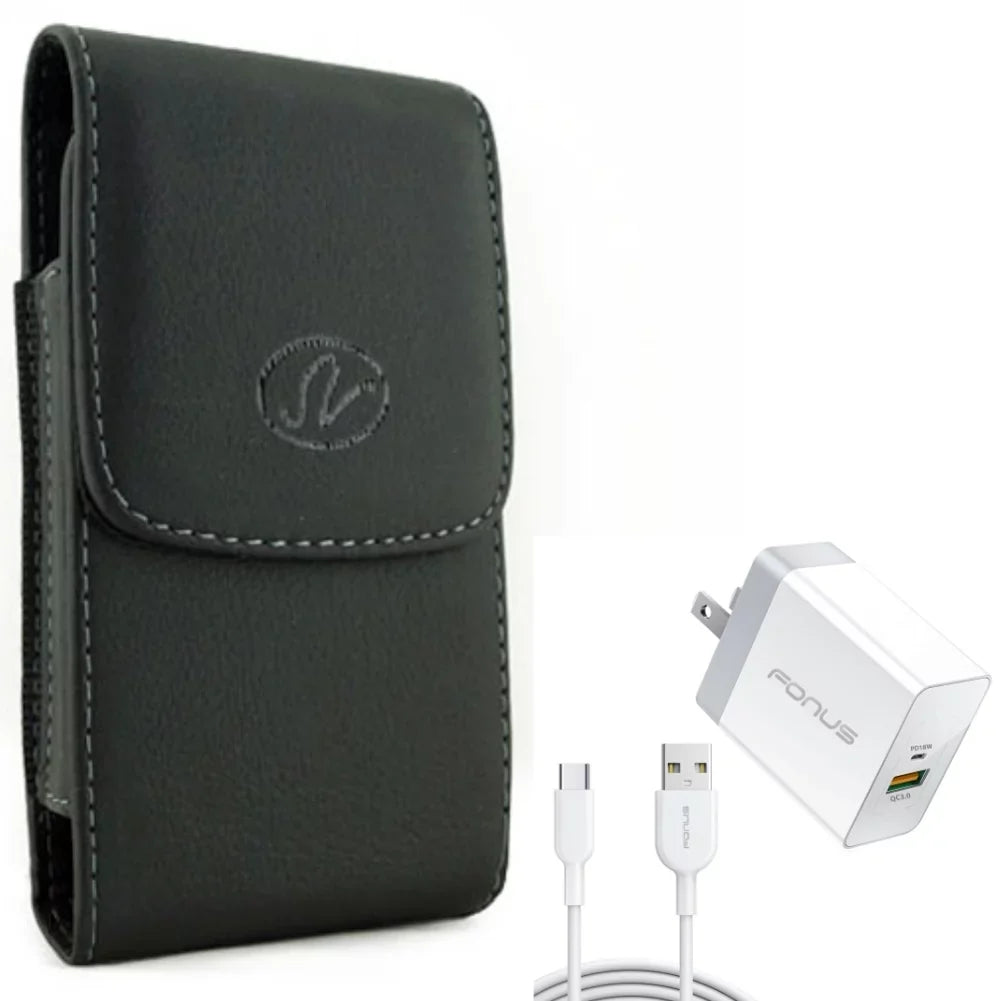 Holster Leather Case Belt Clip w 6ft Long Cable Fast Type-C 36W PD Home Charger for  Stylo 4 Plus, Harmony 4 - Lively Jitterbug Smart3 - Motorola One Zoom, Moto Z4 Z3 Play Z2 Play