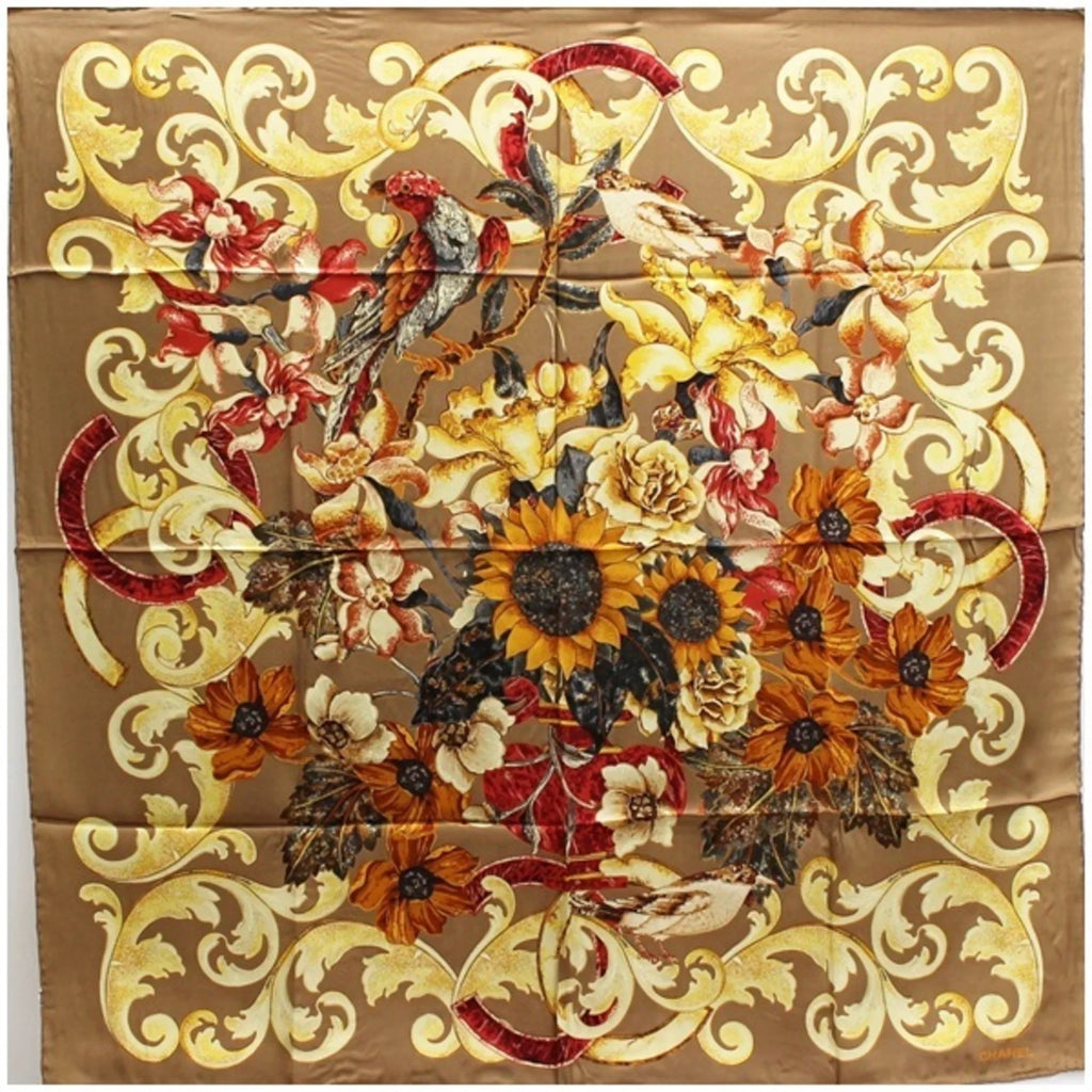 Brown CHANEL Ladies (New). Bird. Pre-Owned Chanel Silk Scarf Muffler Coco Mark Sunflower