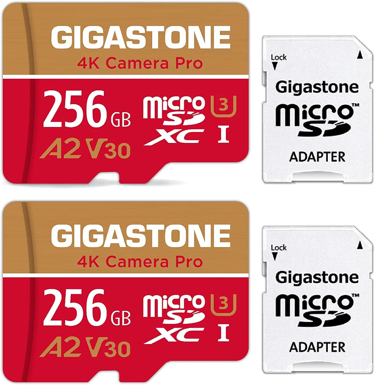 Gigastone 256GB Micro SD Card, 4K Video Recording, 4K Camera Pro, matching with Nintendo Switch, Dash Cam, GoPro Cameras, R/W up to 100/50 MB/s, Micro SDXC UHS-I A1 V30 Class 10, 2 Pack (2x256GB)