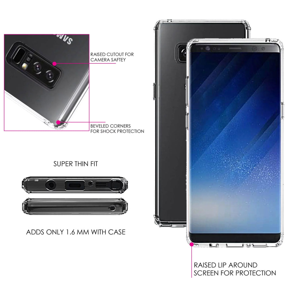DistinctInk Clear Shockproof Hybrid Case for  Galaxy Note 8 - TPU Bumper, Acrylic Back, Tempered Glass Screen Protector - Faith, Hope & Love - Cross & Leaves